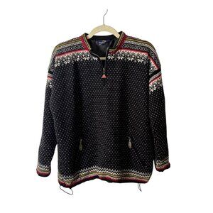 Skjaeveland Norwegian Wool Sweater 1/4 Zip with Polar-Lined Size L Black Red